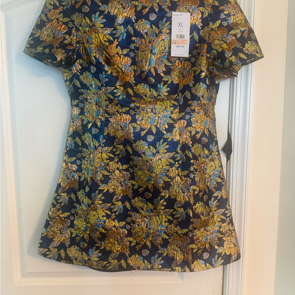 AKIRA Metallic Floral Brocade Mini Dress XL – Gold & Blue Luxe Party Dress - Picture 3 of 3
